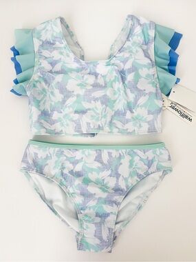 Wallflower Girl Mint and Blue Floral Ruffle-Sleeve Two-Piece Swimsuit 10/12 NEW